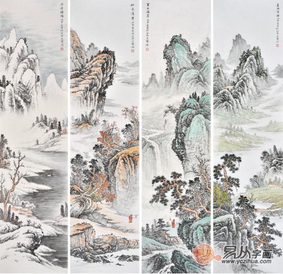 四季四条屏 王 宁写意国画山水作品《春夏秋冬》【作品来源:易从网